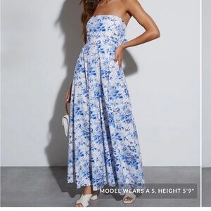 Floral Blue Strapless Wide Leg Jumpsuit